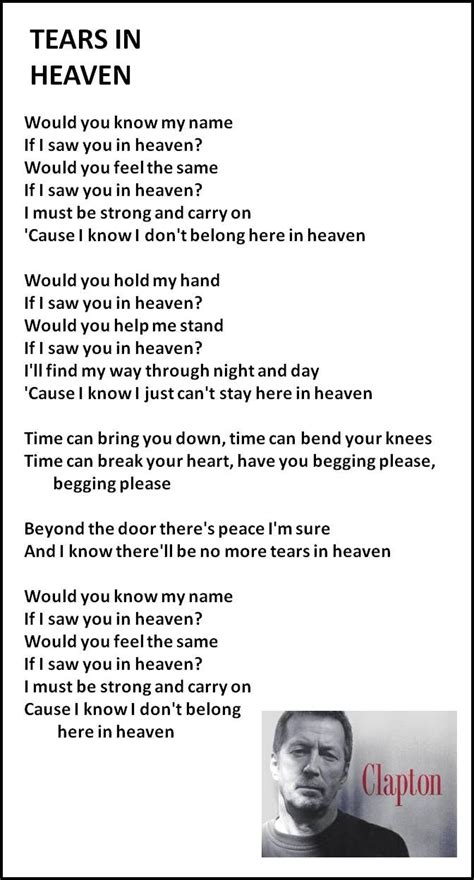 Machts gut Ihr traurigen Menschen da draußen und holt Euch Trost auch durch Musik: Tears in Heaven Songtext von Eric Clapton mit Lyrics, deutscher Übersetzung, Musik …